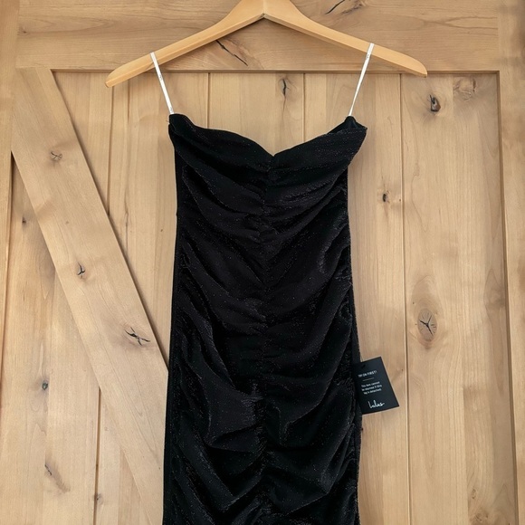 LULUS Strapless Ruched Glitter Maxi Dress Black Size Small Bodycon - Picture 4 of 12